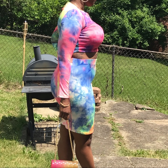 LOVE J Tie Dye Multi Neon Color Crop Top Skirt Set - Picture 8 of 12